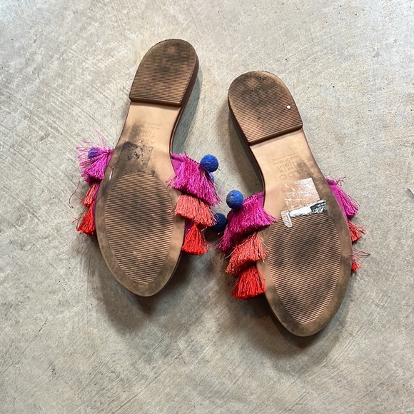 Sunset Tassel Fringe Boho Flat Slip On Colour Block Slide Pom Poms Ball Sandal 7 - Picture 4 of 5